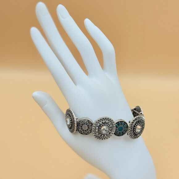 Boho Concho Stretch Bracelet - Faux Turquoise & Rhinestone - Western Style - Picture 3 of 5